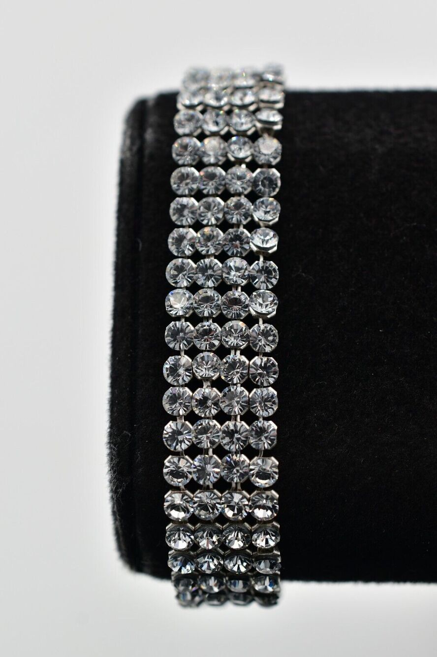 Swarovski Mesh Crystal Tennis Bracelet Prong Rhinestone Silver Swan Signed BinAW